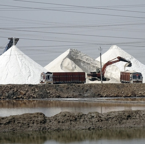 A large, industrial-scale salt mine with a heavy environmental impact