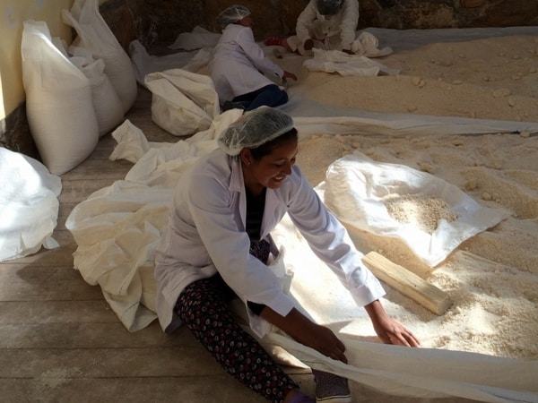 Cleaning the salt crystals by hand at the Maras salt cooperative in Salineras de Maras