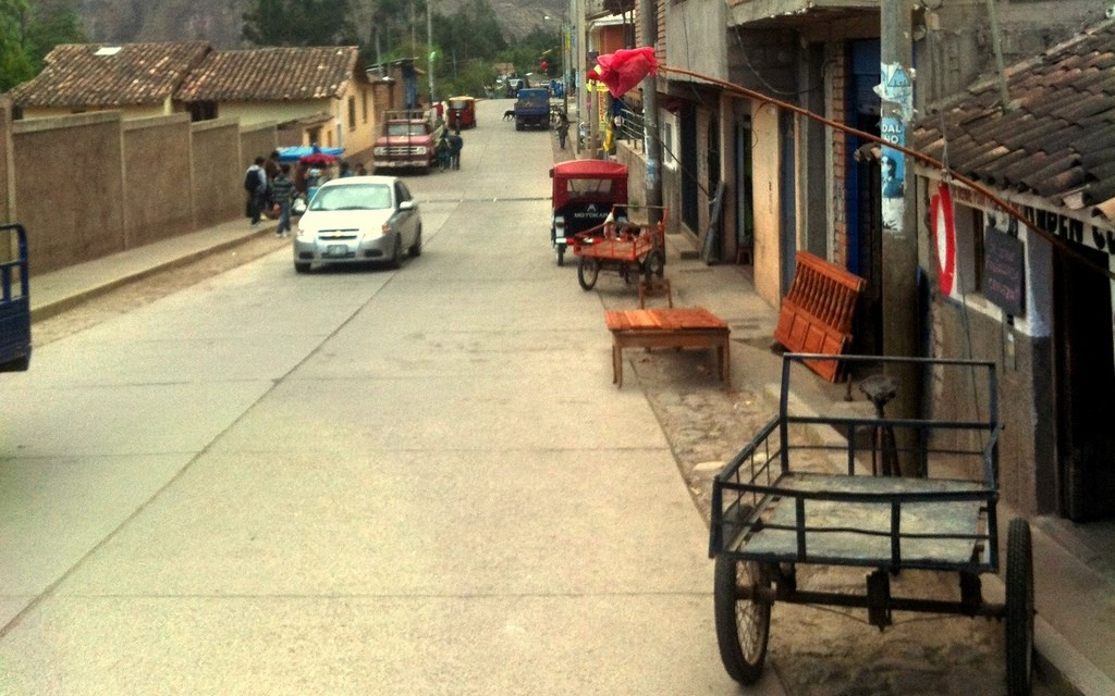 chicha flags hanging out over the street in Urubamba, Peru