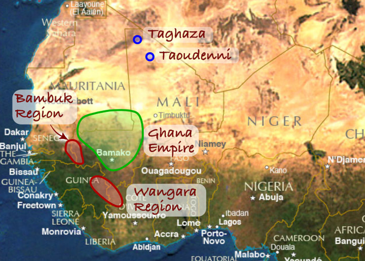 A map showing the region involved in the gold/salt trade around the Ghana Empire