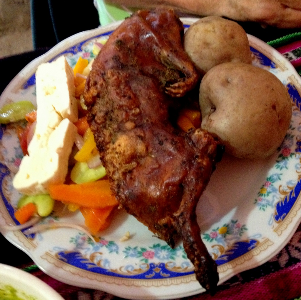 A serving a cuy, the favorite food of many from the Sacred Valley