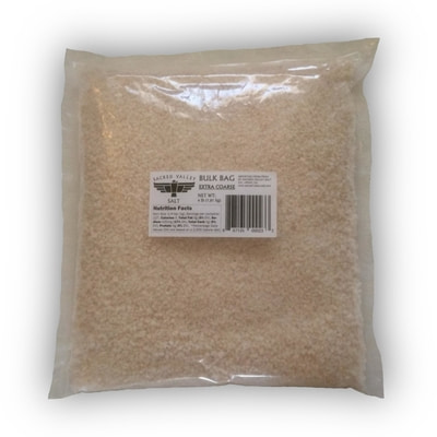 Photo of a bulk bag of extra coarse grinder salt from Salineras de Maras, Peru