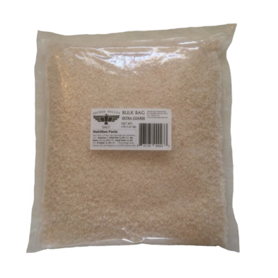 Photo of a bulk bag of extra coarse grinder salt from Salineras de Maras, Peru